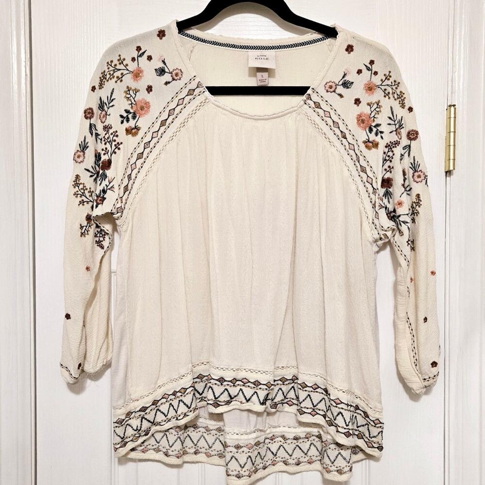 KNOX ROSE Ivory Embroidered Floral Hi-lo Textured 3/4 Sleeve Blouse Size LARGE